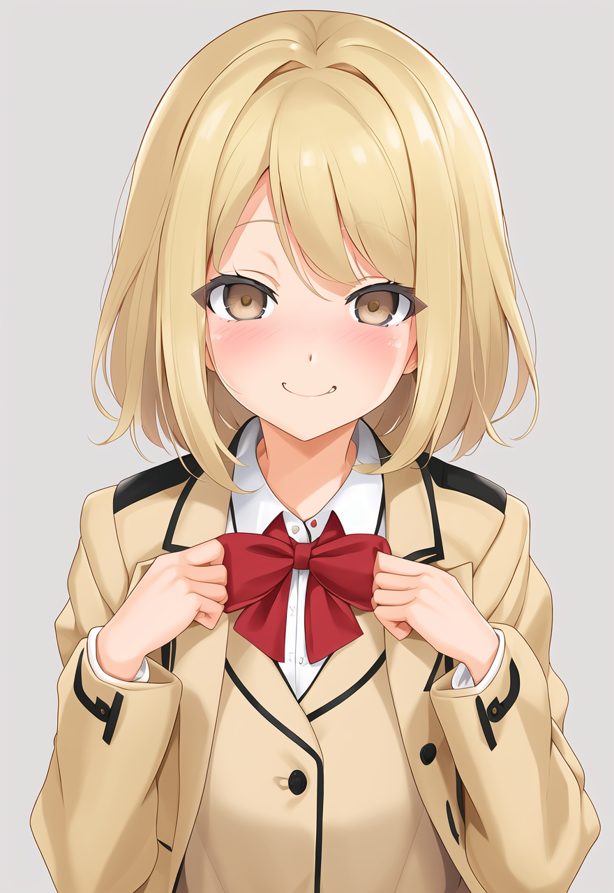 06616-3224988076-double v, JK, brown hair, short hair, messy hair, school uniform, looking at viewer, blush, brown eyes, gyaru, uniform, collared.png